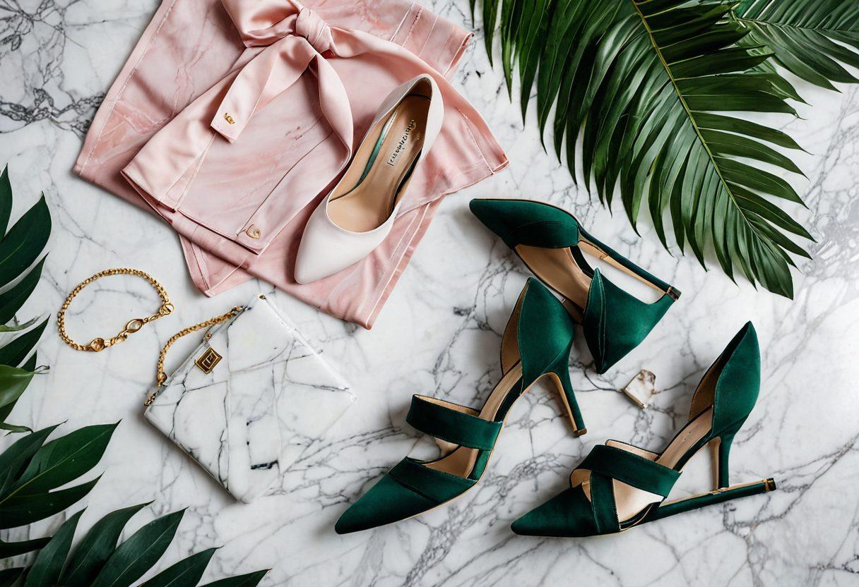 A stylish flatlay of luxurious nylons and trendy hosiery displayed on a chic marble surface, intertwined with delicate accessories like a pair of elegant heels and a vintage handbag. Soft, natural light highlights the textures and patterns of the fabrics, creating an inviting atmosphere. A hint of greenery in the background adds freshness, enhancing the elegance of the scene. vibrant colors. soft focus. fashion photography.