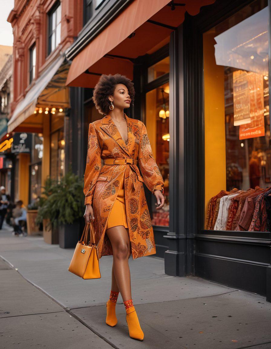 A fashionable woman confidently strutting down a city sidewalk, wearing stylish attire complemented by vibrant, trendy hosiery. The scene captures the elegance of the hosiery with intricate patterns and colors that contrast against her chic outfit. Surrounding elements include stylish storefronts and a warm sunset sky to enhance the ambiance, illustrating the theme of dressing to impress. super-realistic. vibrant colors. urban setting.